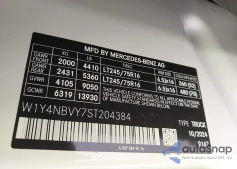 2025 Mercedes-Benz Sprinter 2500 Standard Roof 4-Cyl Diesel Ho z USA, uszkodzony, nr VIN W1Y4NBVY7ST204384